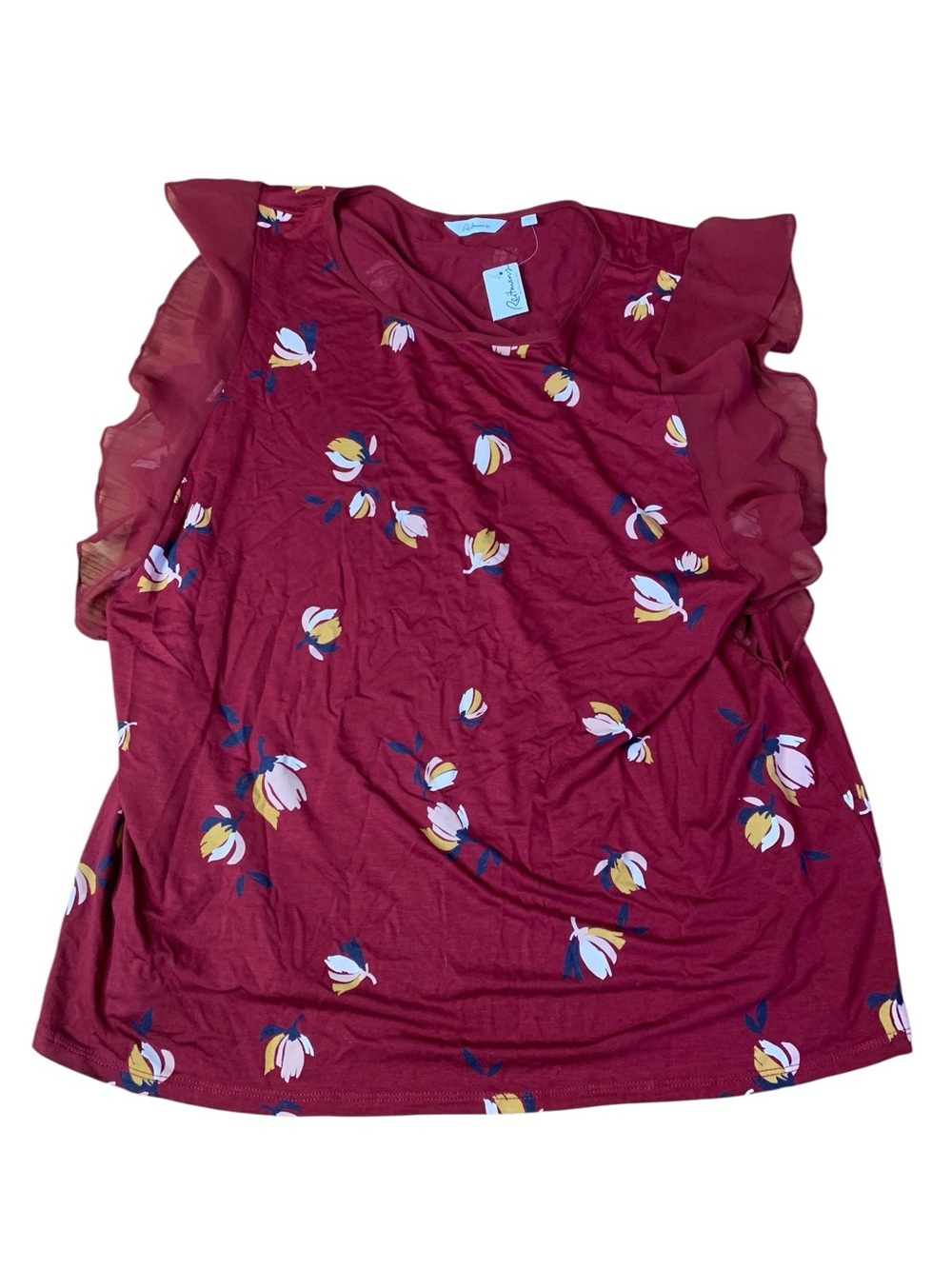 NWT Reitmans Burgundy Floral Knit Top with Chiffon Ruffle Sleeves - 2X
